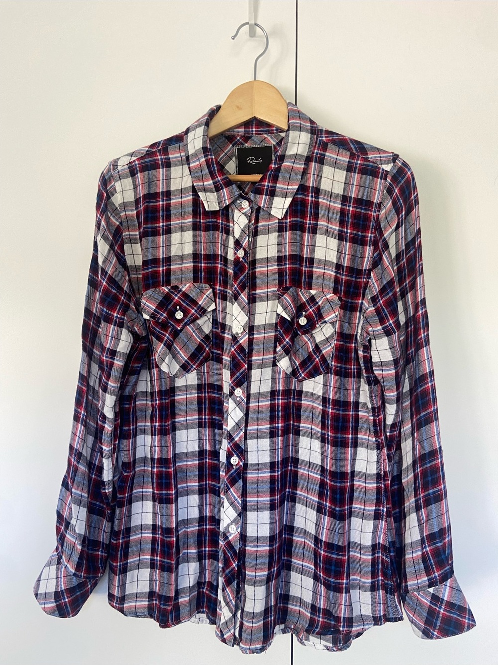 RAILS Carmen Plaid Button Up Long Sleeve Shirt Large White Navy Red EUC